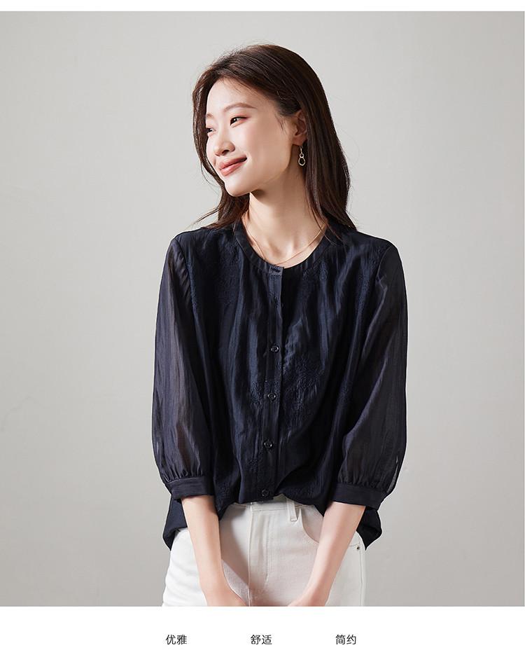 French embroidered round neck seven quarter sleeved shirt for women, 2026 spring and autumn commuting versatile small shirt top