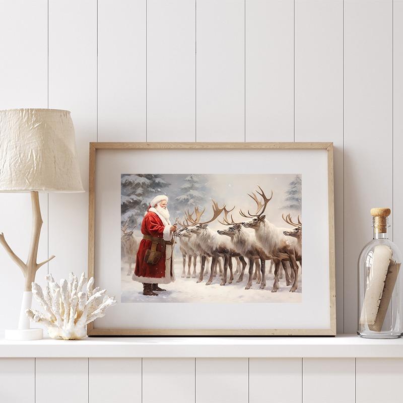 Винтажный Санта-Клаус на качелях Плакат с оленями Печать на холсте Рождественский праздник Настенная картина для домашнего декора Подарки