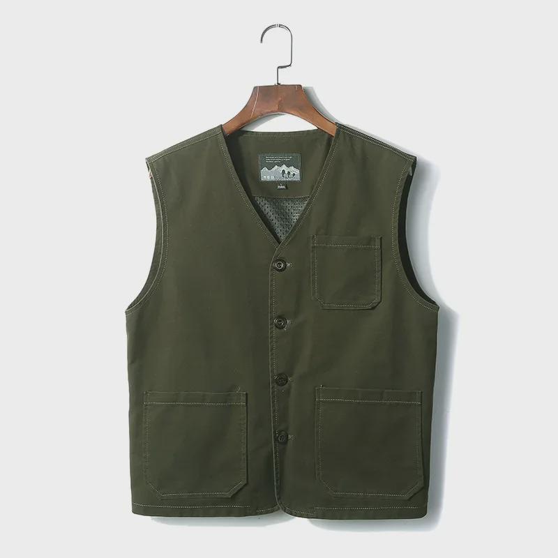 Extra Large Collarless Cotton Vest with Multiple Pockets for Spring/Autumn Outdoor Workwear