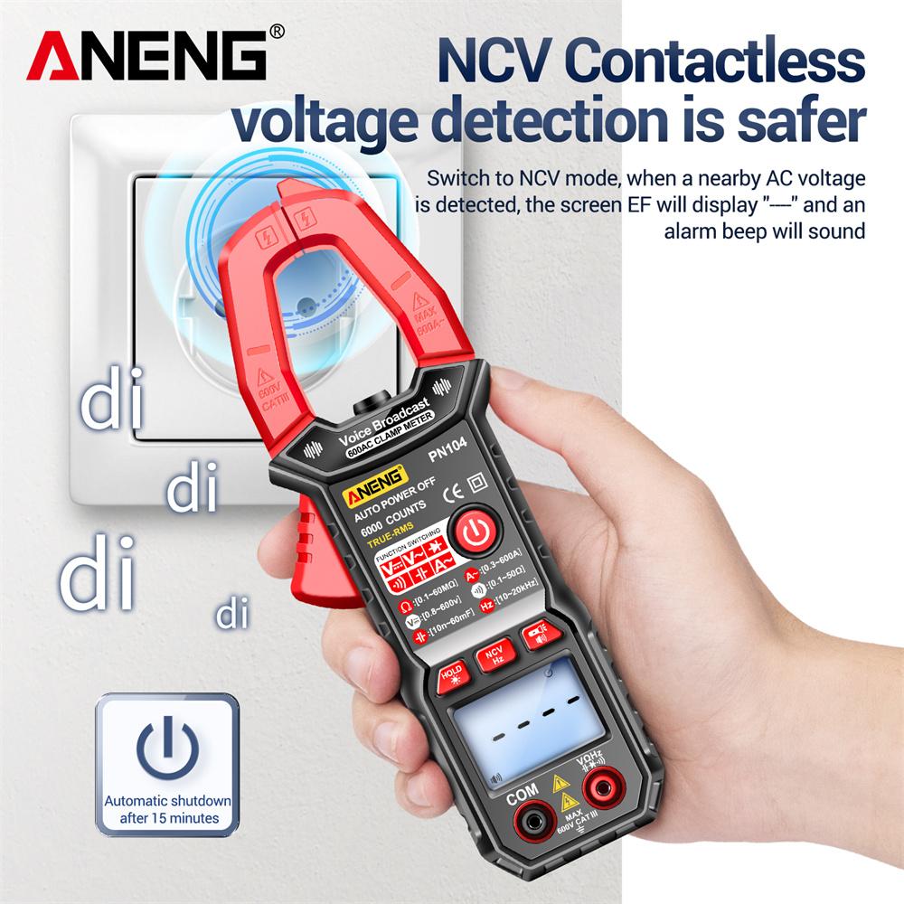 Aneng PN104 Мультитестер голосового вещания, 6000 клещей, мультиметр постоянного/переменного тока, автомобильный усилитель, емкость Гц, NCV, инструмент для измерения сопротивления