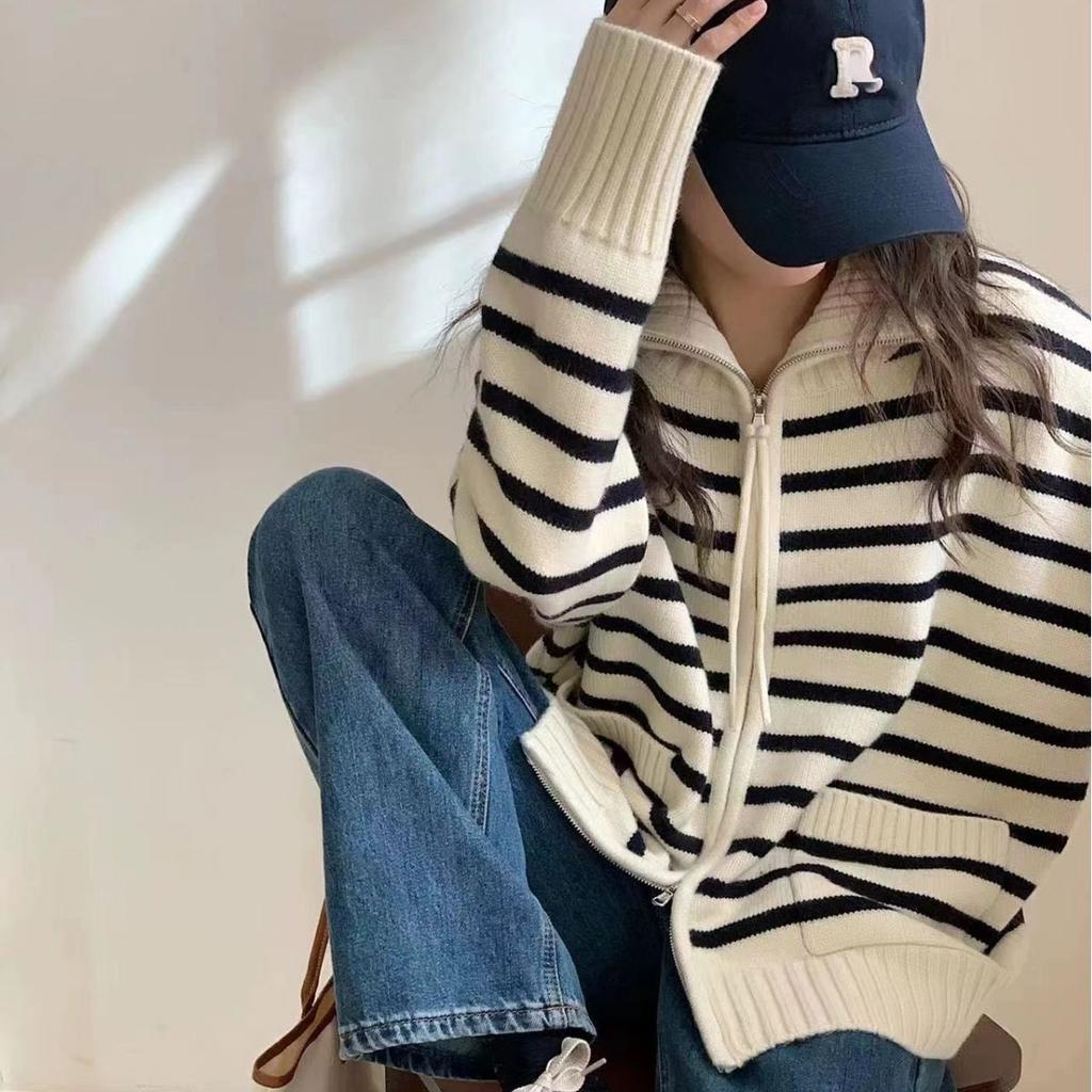 Stand-up collar design striped contrasting zipper long-sleeved knitted cardigan women's autumn and winter loose lazy wind sweater jacket tide