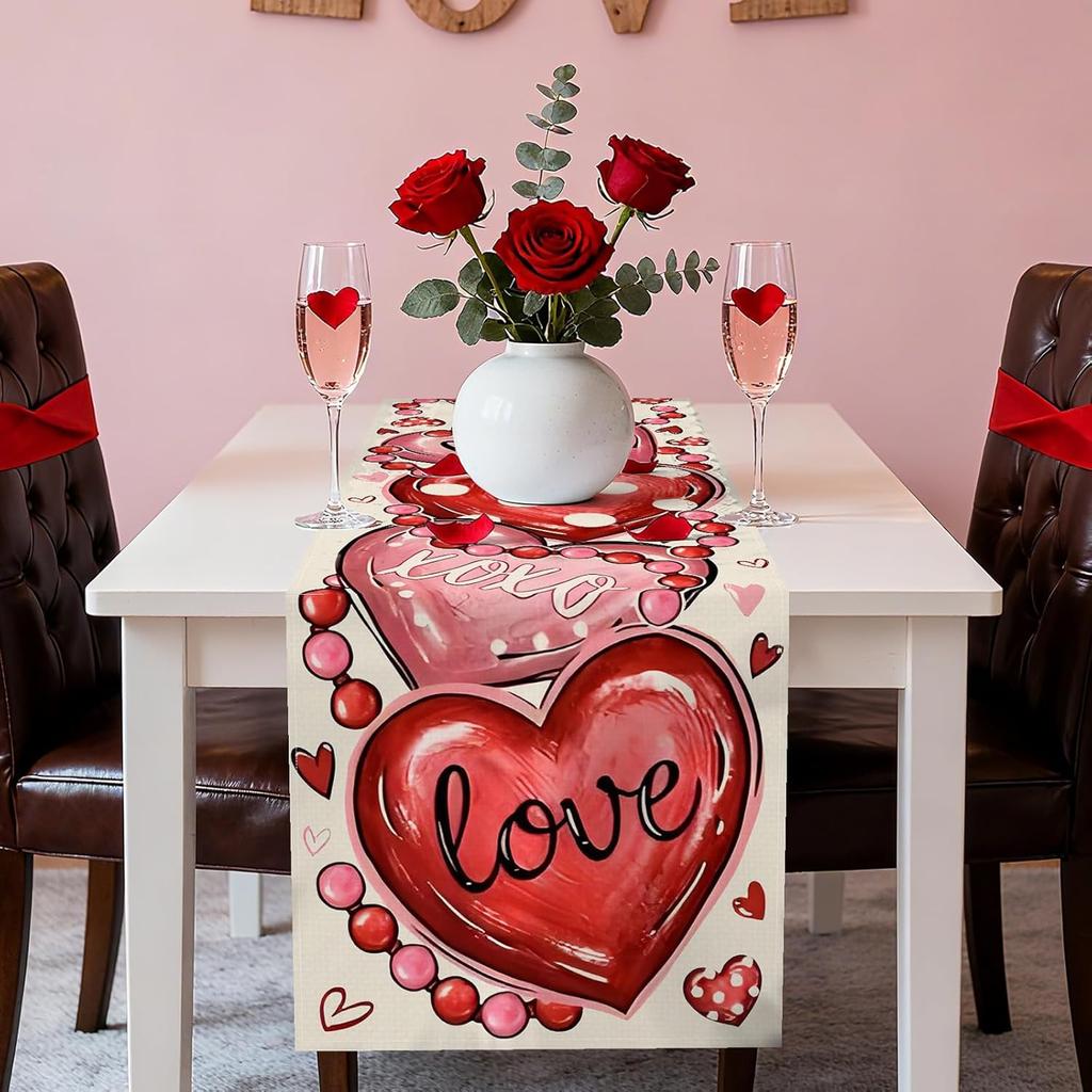 72 x 13 Inch Valentines Day Table Runner – Red and Pink Hearts with Love and XOXO Lettering, Polka Dot Heart Pattern for Dining Room, Kitchen, and