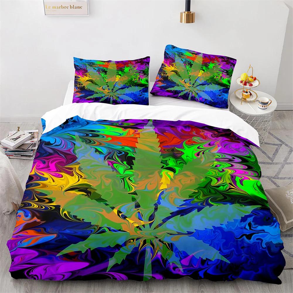 Weed Green Leaf Duvet Cover Watercolor Purple Blue Polyester King Queen Maple Leaf Duvet Cover For Women Men Bedroom Decoration
