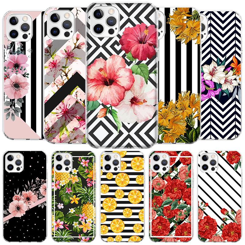 Black White Stripes Flower Cover Phone Case For iPhone 16 17 Air 15 14 Pro Max 16E Phone Case 13 Mini 12 11 7 SE 8 Print Pattern