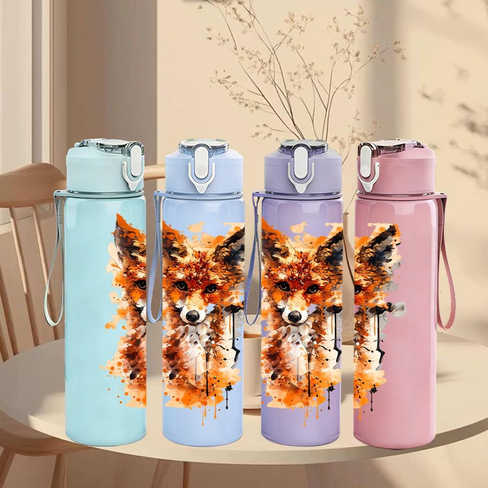 1PC Fox Watercolor Splash Art Print 750ml Color Plastic Sports Water Bottle Leakproof Flip Straw Lid Suitable for Sports Office Home Use