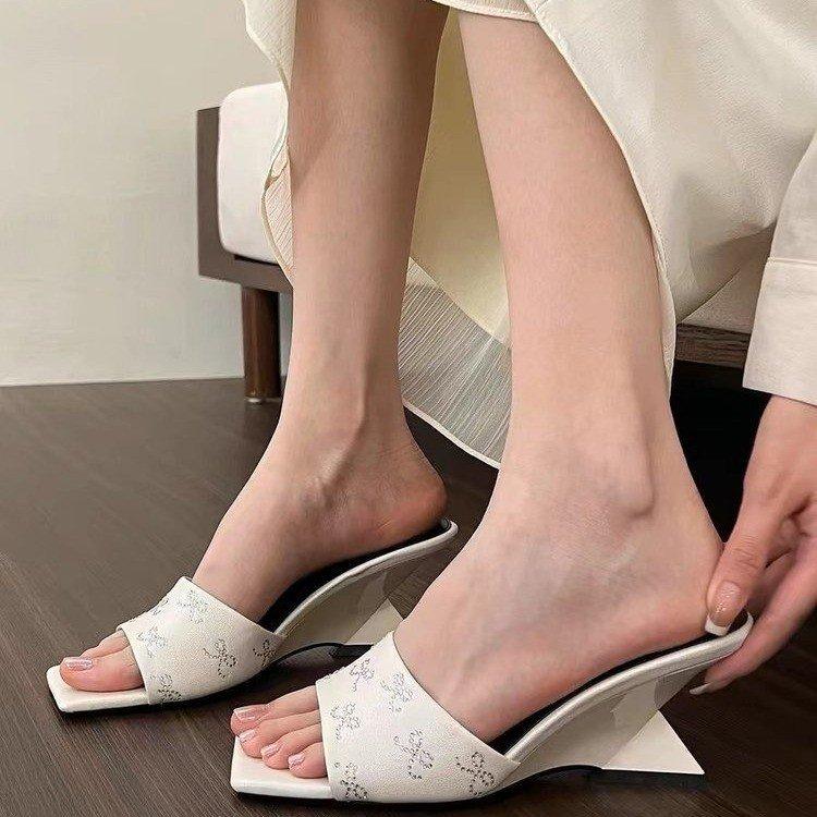 Temperament French Silver Fairy Square Head Sandals with Skirt Special-shaped Heel One-word Women's High Heels Summer Slippers