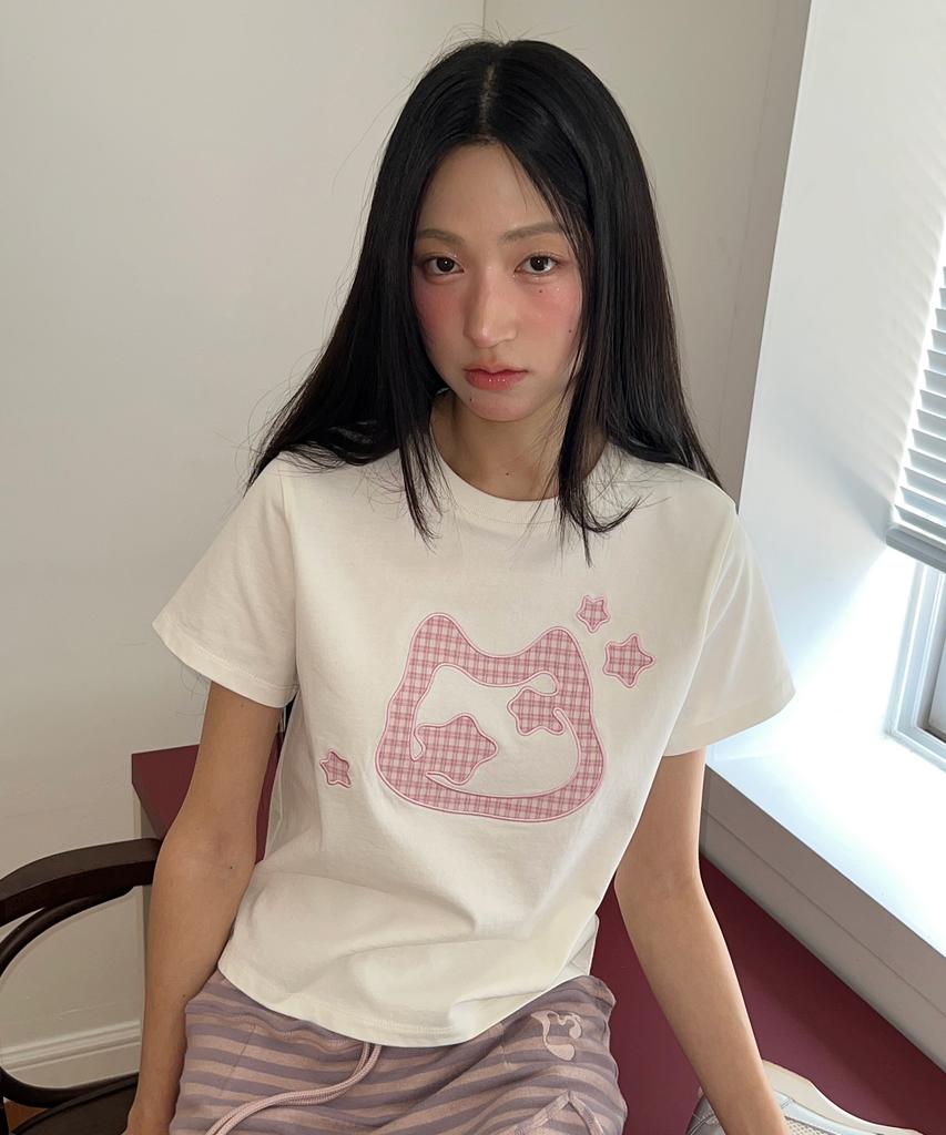 LMR Cat Symbol Applique Short Sleeve T-Shirt Cream