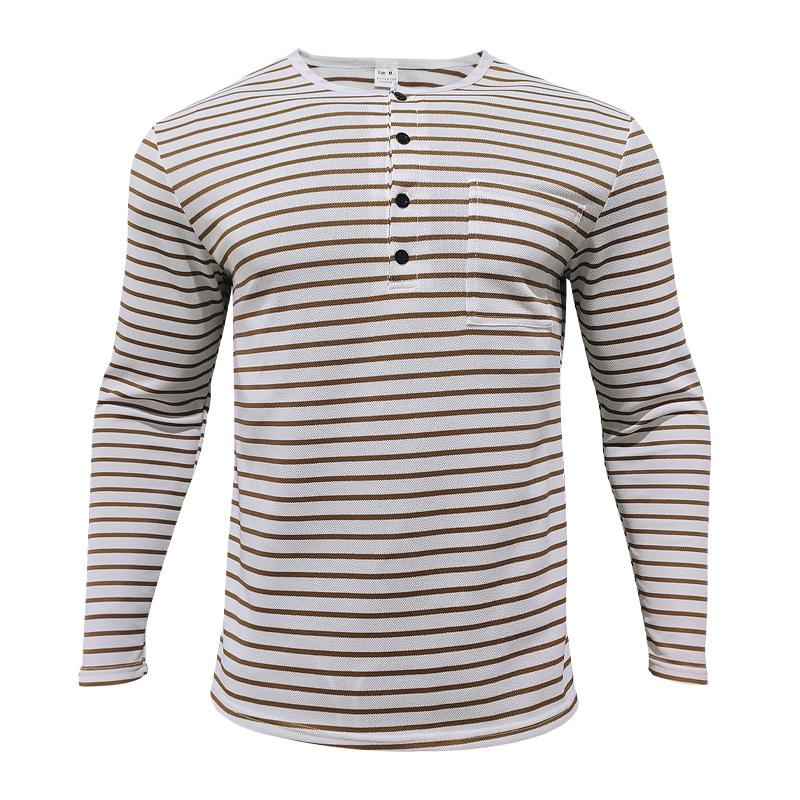 Spring Autumn Fashion Long Sleeve Men's T-shirts Button Henry Collar T Shirt For Men Vintage Striped Tees Tops