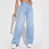 Women's Jeans High Waist Zip Button Solid Color Slim Fit Wide Leg Vintage Straight Pocket Soft Non-Fade Women's Full Length Jeans