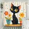 Шторка для душа "Черный кот в горошек" - Игривое выражение, Цветные точки и цветы, Ретро-стиль, Белый деревянный фон