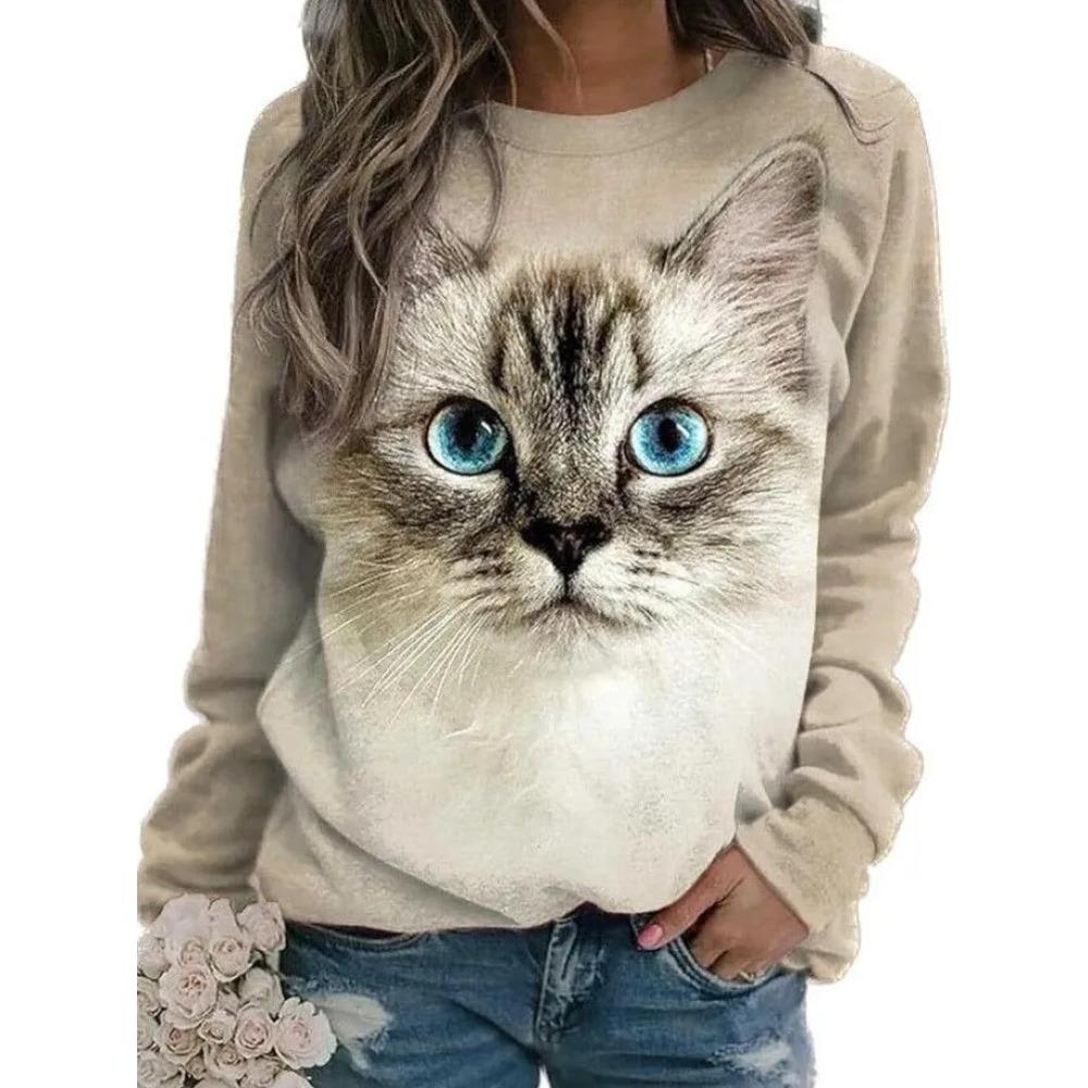 Fun Cat Print Autumn Winter Long Sleeved Cartoon Comfortable Casual Sports Loose Versatile Women's Fashionable Crew Neck T-shirt