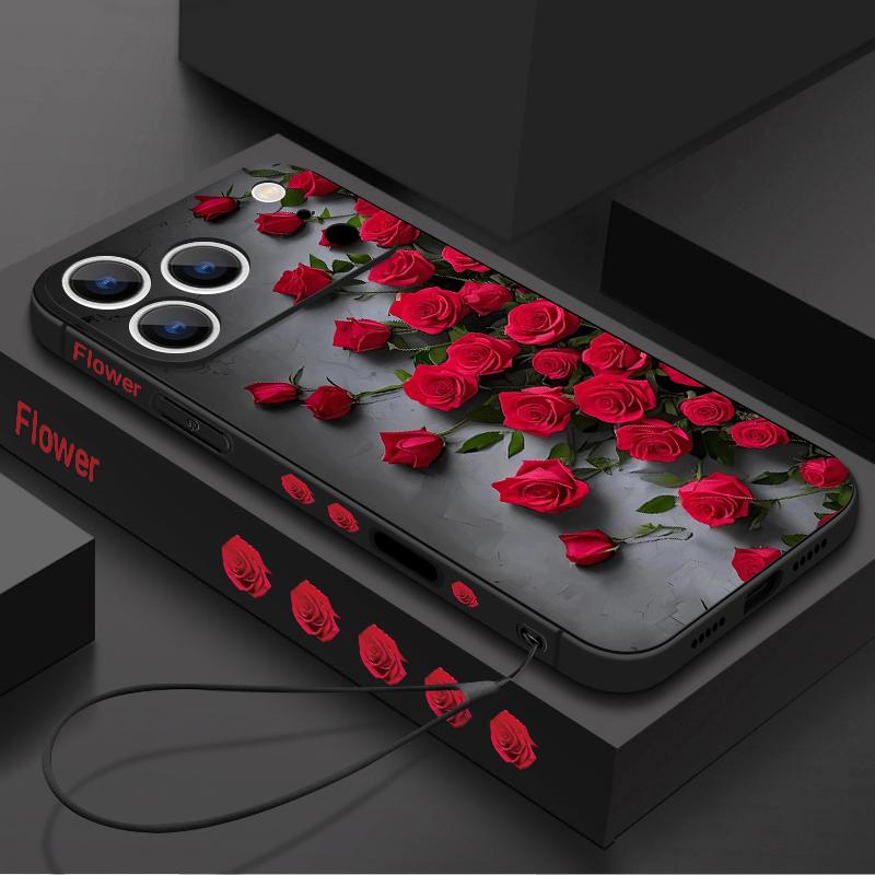 Wrist Strap Lanyard TPU Phone Case For iPhone 17 16 15 Pro Max 13 14 Pro Max 17e 16e 11 Red Rose Print Soft Silicone Back Cover