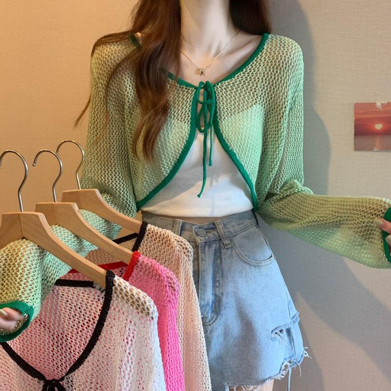 Lace-up Hollow Long-sleeved Knitted Cardigan Women's Edge-bumping Thin Summer Design Niche Loose and Sweet Short Top
