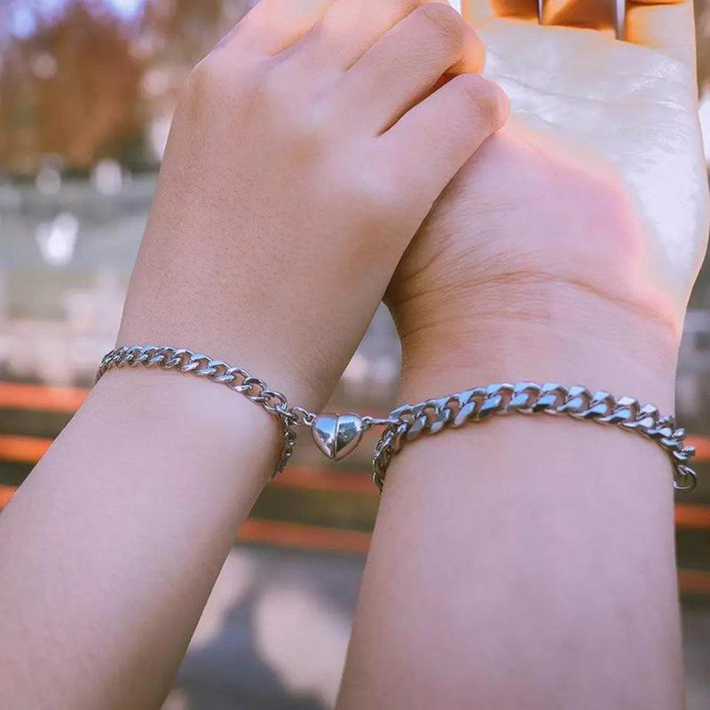 2pcs Punk Silver Chain Couple Bracelet For Women Stainless Steel Romantic Magnet Men Paired Things Jewelry Pulsera