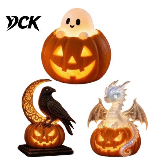 Lighted Desktop Night Light Halloween Pumpkin Dragon Statue, LED Glowing Resin Figurine Fantasy Crystal Statue with Warm Light, Spooky Desk