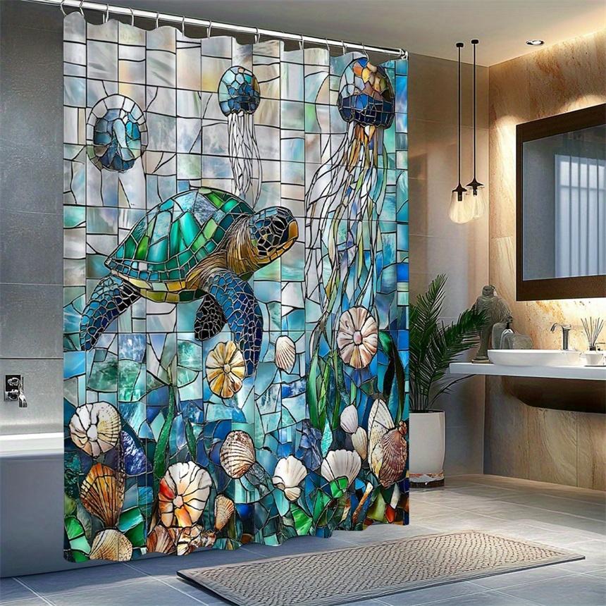 1pc Blue Green Turtle Underwater Scene Shower Curtain - Stained Glass Style Colorful Marine Life Mosaic Pattern, Durable Polyest