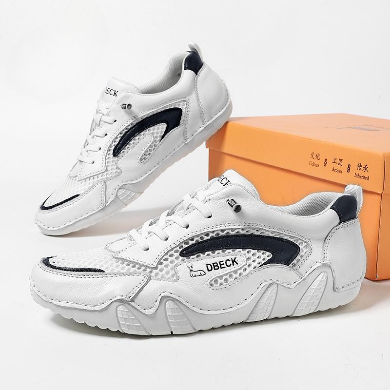 Новые мужские повседневные кроссовки из кожи с верхним слоем, обувь с дышащей сеткой и шитьем