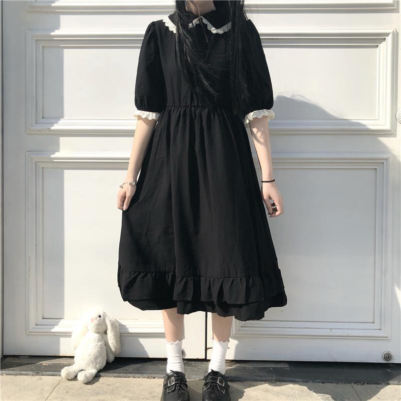Летнее черное платье в стиле кавайной Лолиты Mori Girl Fairy Cute Lolita Платье Питера Пэна с воротником и пышными рукавами