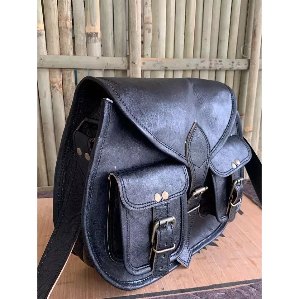 Real Vintage Saddle Bag Goat Leather Black Messenger Shoulder Handmade Vintage Leather Black Bag.