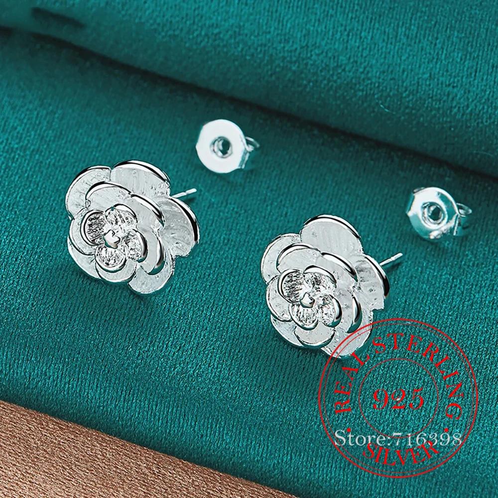 925 Silver Rose Flower Stud Earrings For Woman Girls Kids Fashion Wedding Engagement Part Jewelry Gift