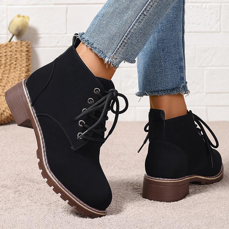Мода 2025 Ботильоны на толстом каблуке для женщин Винтажные больших размеров 36-43 Шнуровка Женская обувь Осень Зима Нескользящие Короткие ботильоны Мухер