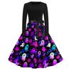 Women's Casual Vintage Halloween Print Dress Round Neck Long Sleeve Fit and Flare Retro Style Midi Dress with Waist Tie