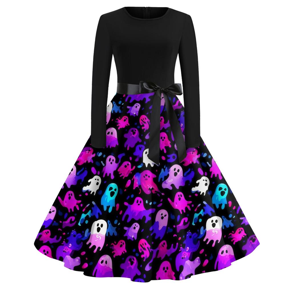 Women's Casual Vintage Halloween Print Dress Round Neck Long Sleeve Fit and Flare Retro Style Midi Dress with Waist Tie
