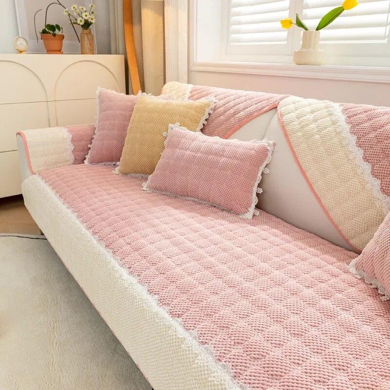Winter Thicken Plush Sofa Cover White Wide Edge Chaise Lounge Sofa Towel Mat Modern Non-Slip Couch Cover Cushions Living Room