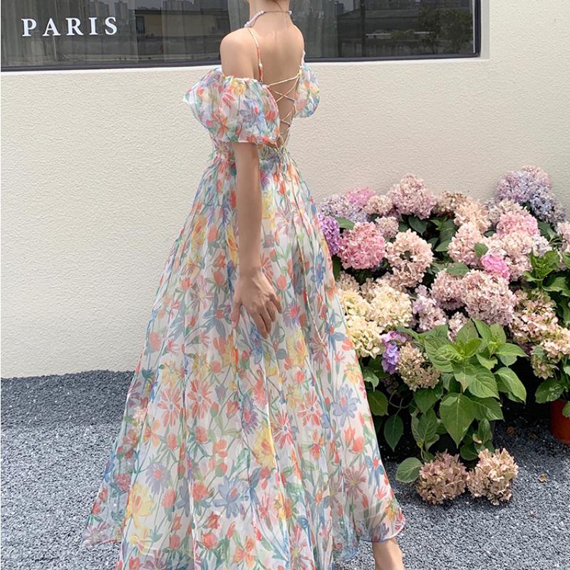 Летнее женское длинное платье феи с цветочным принтом и цветочным принтом из органзы с пышными рукавами и повязками, стильное пляжное дорожное платье