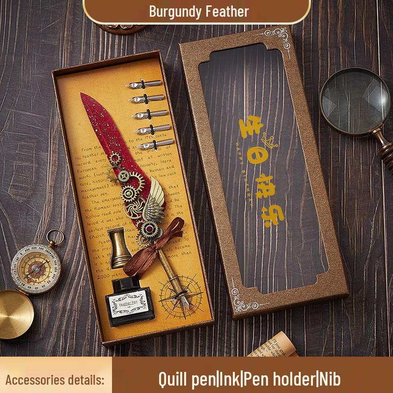 European Steampunk Quill and Ink Set with Wax Seal - Retro Fountain Pen Gift Box for Birthdays