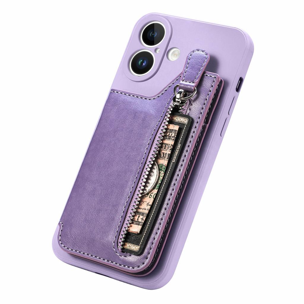 Чехол для iPhone 16 из искусственной кожи + ТПУ с карманом на молнии и кошельком - фиолетовый
