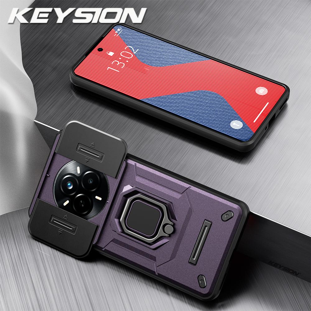 KEYSION Противоударный чехол для Realme 14 Pro+5G Slide Camera Protection Metal Ring Stand Phone Back Cover для OPPO Realme 14 Pro 5G