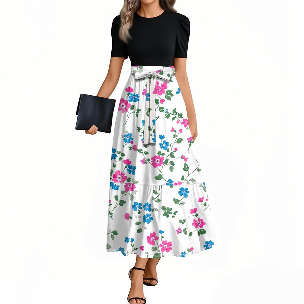 Женское элегантное модное повседневное платье с цветочным принтом и поясом, короткими рукавами и круглым вырезом