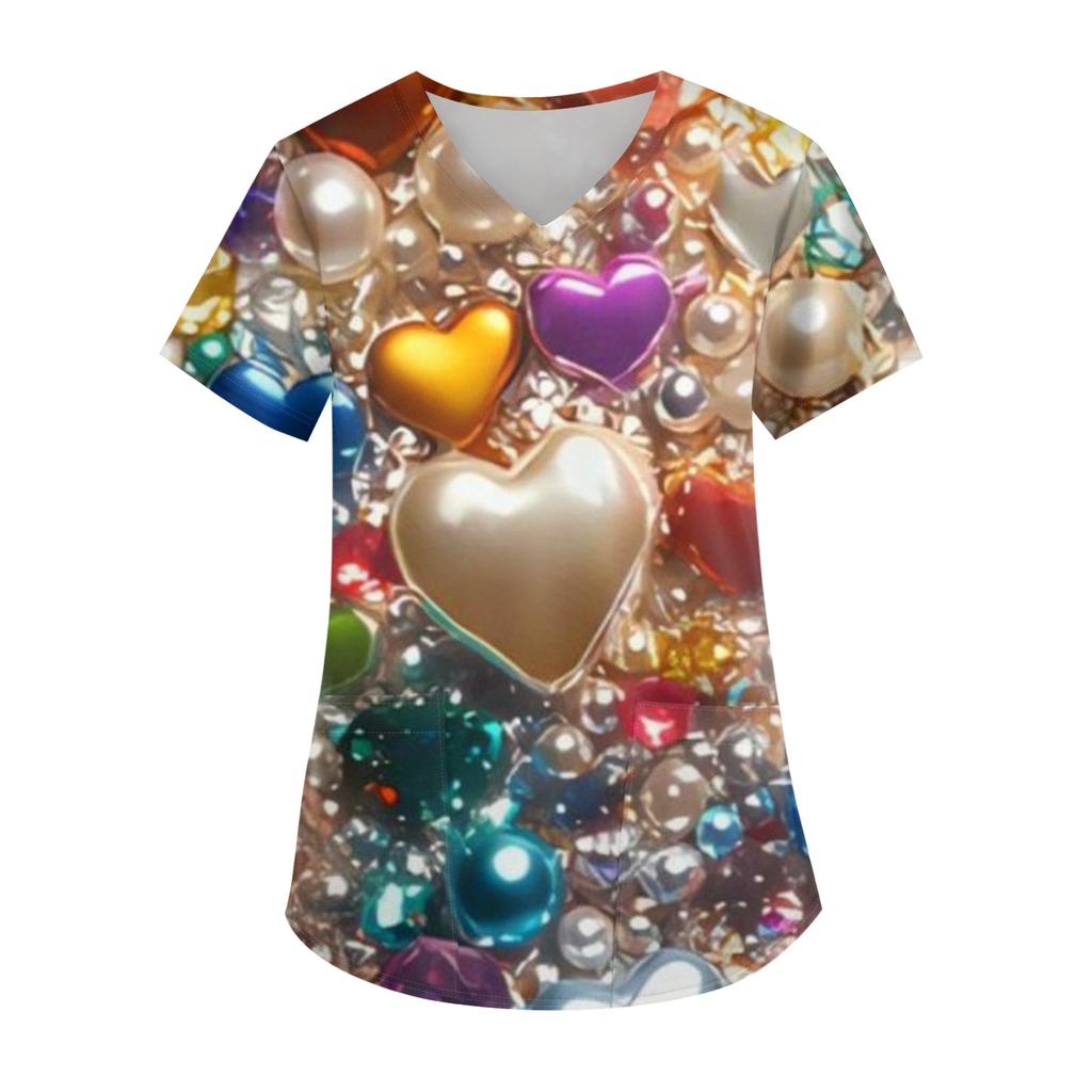 Женская модная футболка с V-образным вырезом, карманом и короткими рукавами с принтом ко Дню святого Валентина, униформа и топ для воспитателя