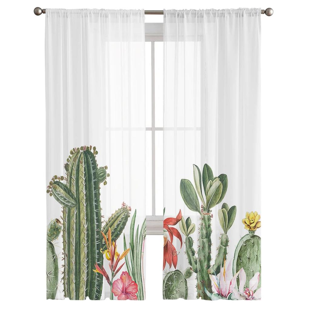 Идиллический кактус, тропические растения, тюлевые шторы для гостиной, прозрачные занавески для спальни, рождественские жалюзи, вуаль, шторы