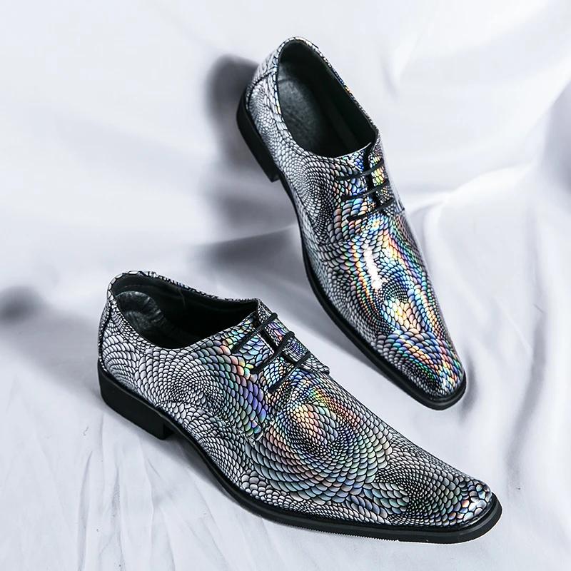 New Men Bright PU Printing Fashion Shoes Low Top Business British Casual Shoes Lace Up Classic Large Sizes 38-47 Men's Shoes