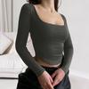 Women Crop Top Square Neck Long Sleeves Slim Fit Knitted Short T-shirt Pure Color Elastic Pullover Top Club Party Blouse