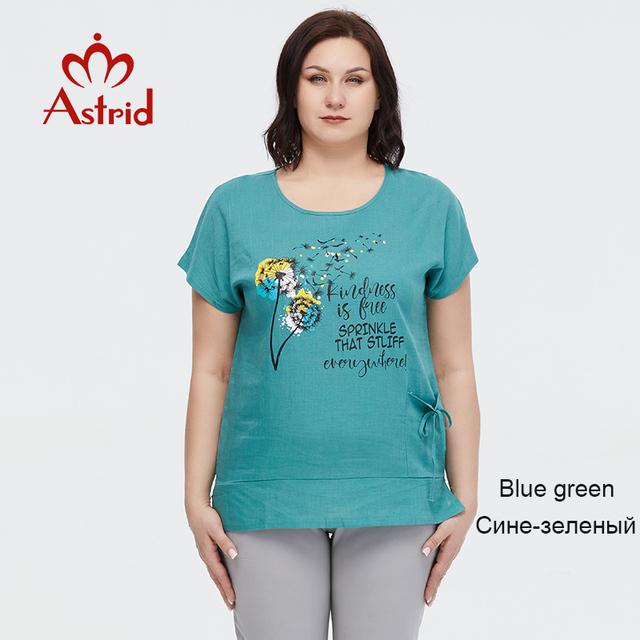 Летняя женская футболка Astrid, новинка 2023 года, хлопково-льняной топ, футболка большого размера с короткими рукавами, модный узор, женская одежда с буквенным принтом
