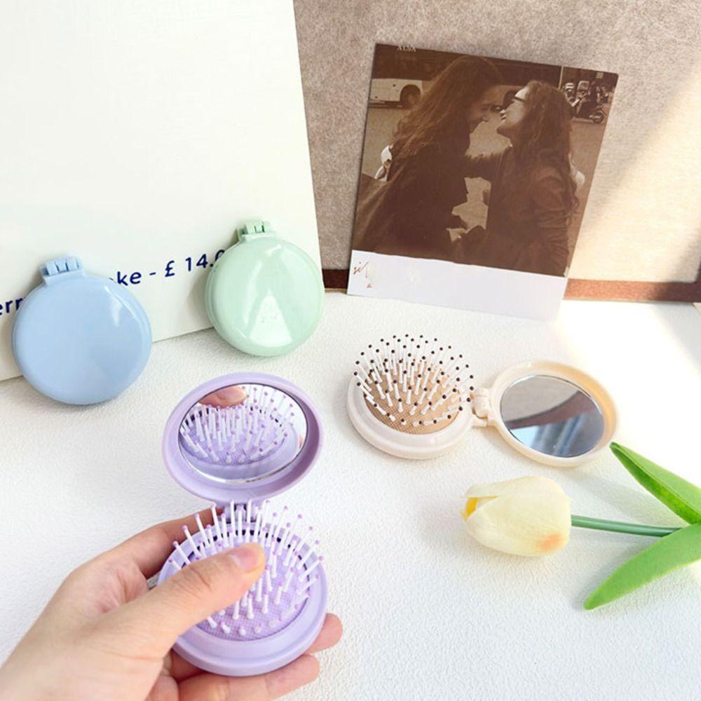4Pcs Mini Folding Air Bag Comb Dual Use Pocket Hair Brush Makeup Mirror with Comb  Girl Women