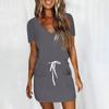 Women's Summer Casual Fashion Solid Color Drawstring V Neck Short Sleeve Dress