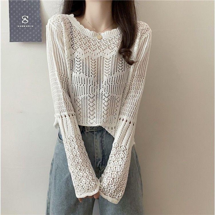 Hollow Out Long Sleeved Knitted Sweater for Women Thin and Chic Retro Japanese Lazy Sunscreen Top