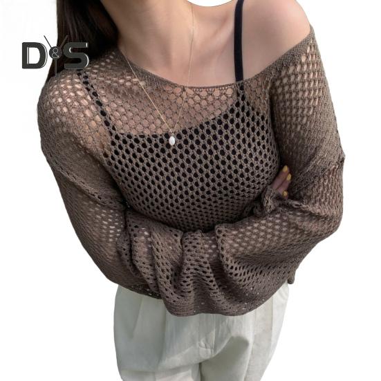 Солнцезащитный чехол с круглым вырезом и длинным рукавом, однотонные трикотажные топы свободного кроя, ажурный трикотажный дизайн, повседневные топы