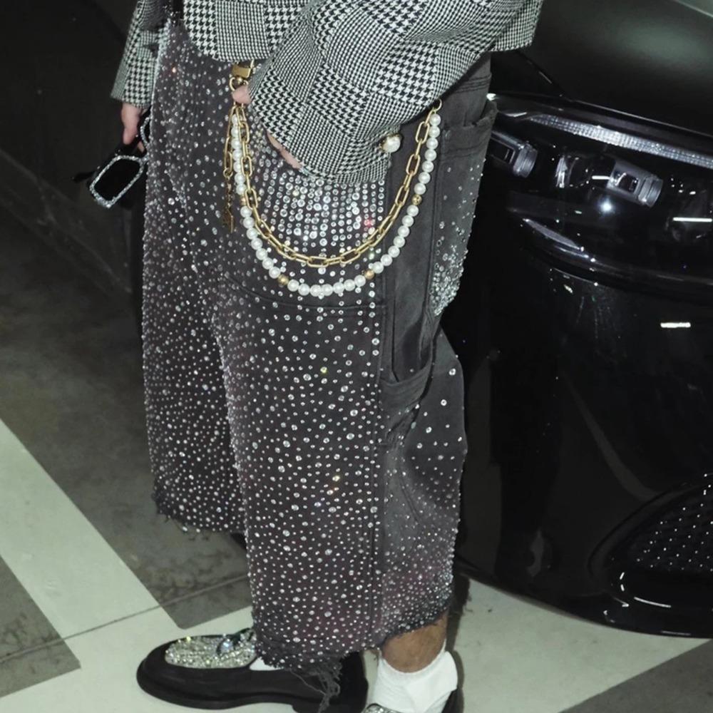 RogueWave Streetwear Мешковатые джинсовые шорты для мужчин с принтом из страз, рваные, выстиранные, короткие, повседневные, свободные, из денима, пятиточечные