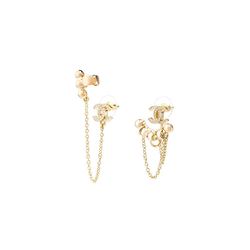 Chanel Металлические Серьги-гвоздики Двойная С Кристаллами Женские Золотые