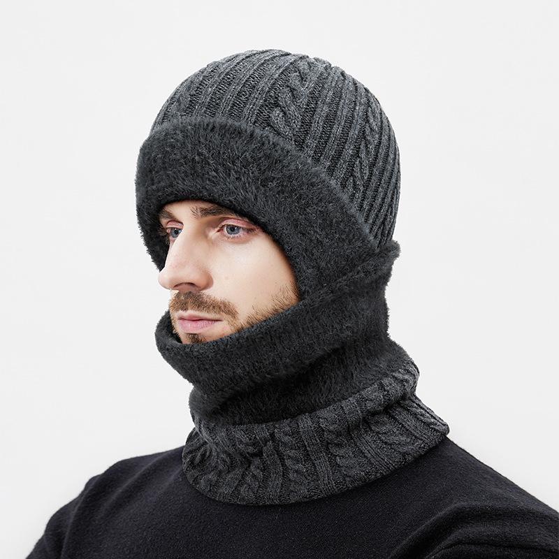 Winter Thick Neck Cap Two-Piece Set Men's Outdoor Cold-Proof Cycling Ear Protection Knitted Hat