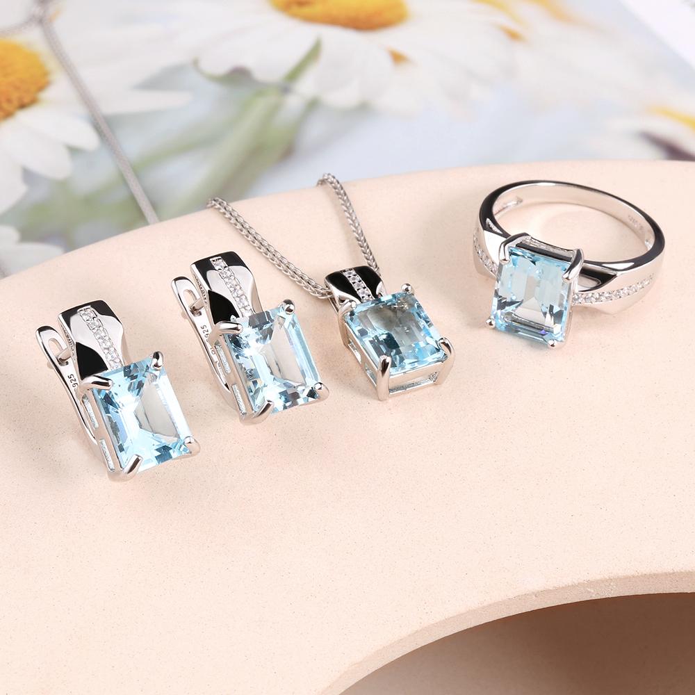 Bolaijewelry Простой дизайн, кольцо с натуральным небесно-голубым топазом, серьги, ожерелье, комплект ювелирных изделий из серебра 925 пробы, женские изысканные ювелирные изделия