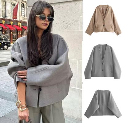 Осень-весна Женская куртка Свободный V-образный вырез Карманы Двойная застежка на пуговицы Теплое свободное шерстяное пальто средней длины Походная верхняя одежда