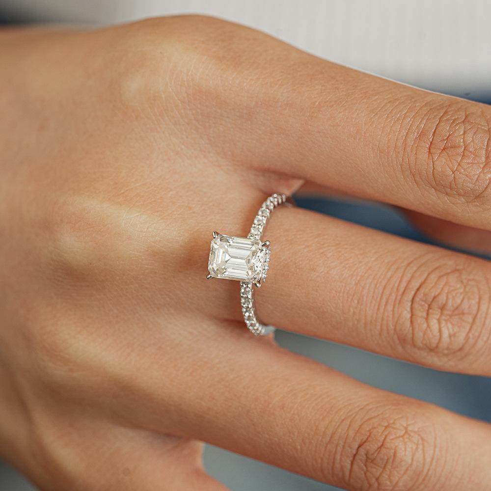 S925 Sterling Silver Rectangular Cut Engagement Ring - 1/2/3 Carat D Color VVS Moissanite Half Eternity Band Jewelry for Women