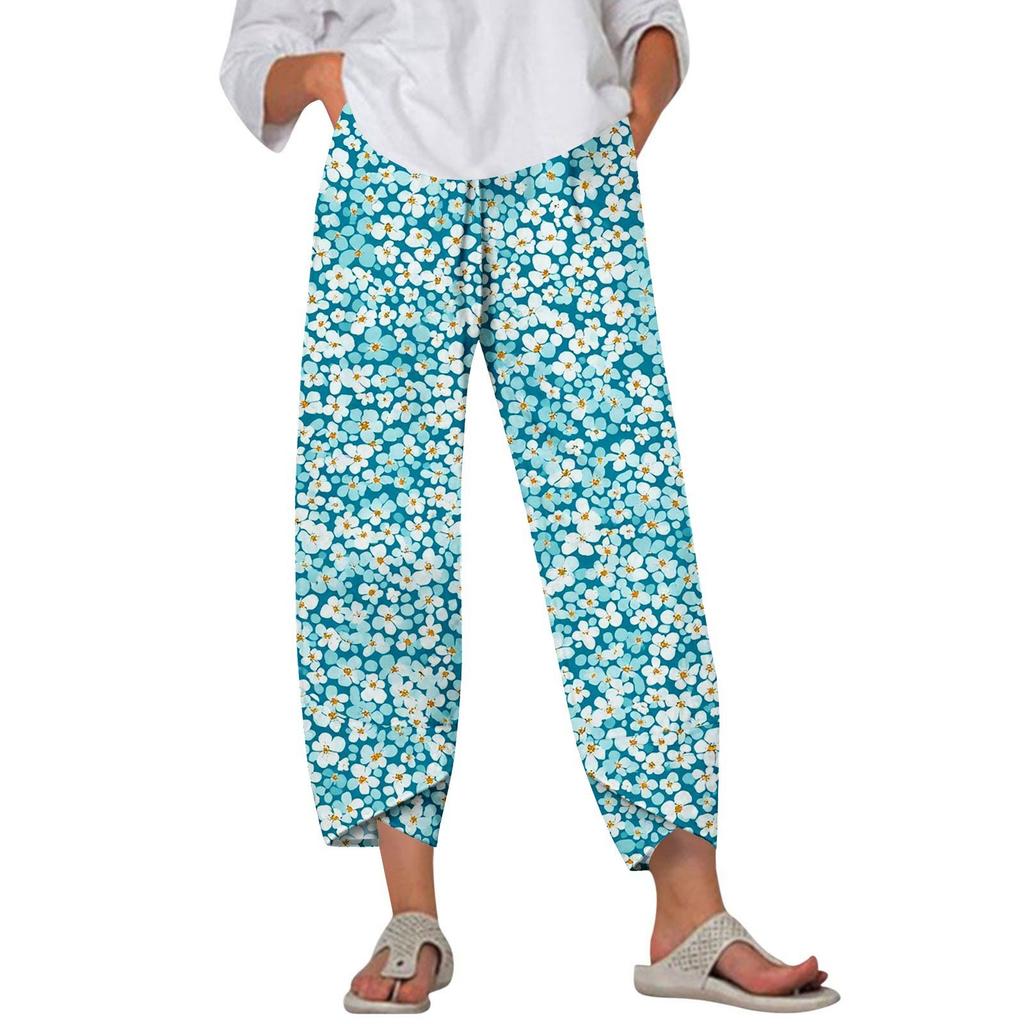 Брюки женские летние повседневные широкие брюки с эластичной резинкой на талии и принтом с карманами