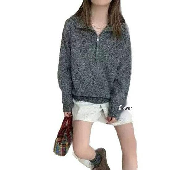 Autumn Winter Korean Style Loose Polo Collar Half-Zip Knit Pullover for Women